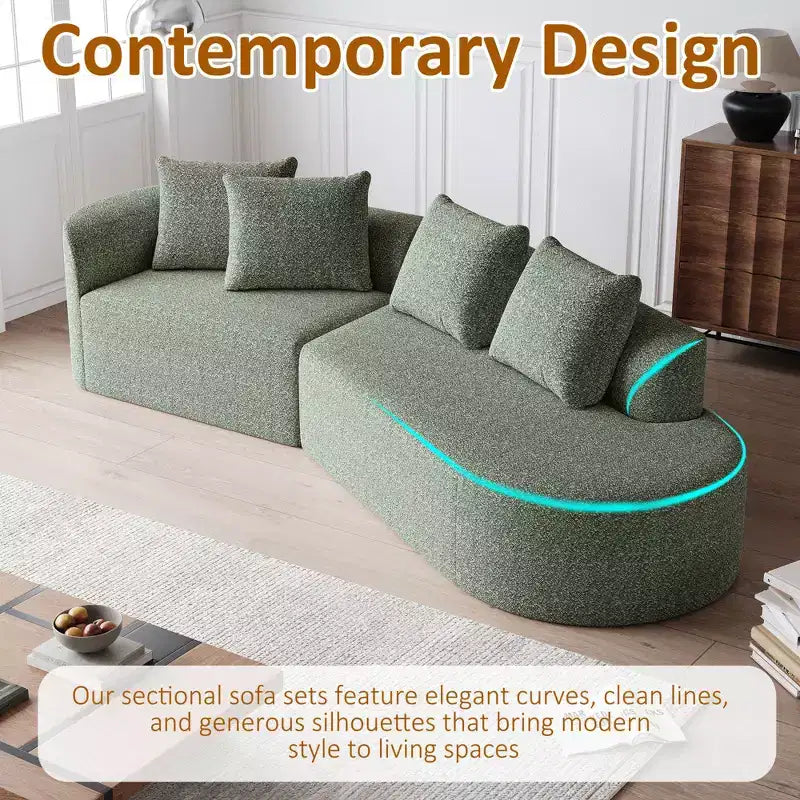Divano a nuvola curvo da 112 pollici in ciniglia color cachi, 4 posti, seduta extra profonda e ampia, con 4 cuscini decorativi, divano componibile per soggiorno