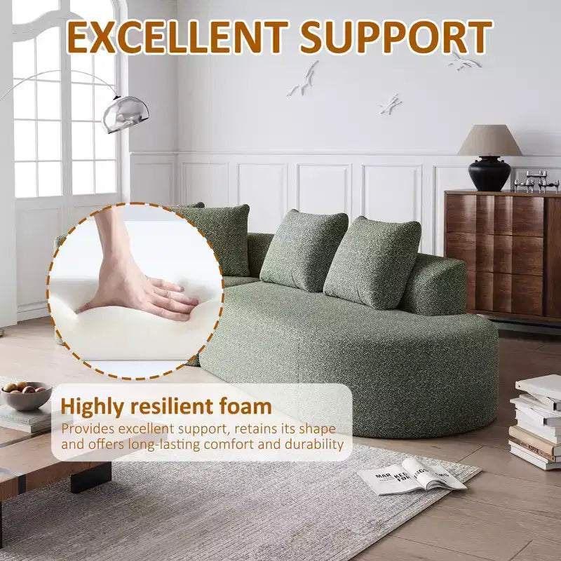 Divano a nuvola curvo da 112 pollici in ciniglia color cachi, 4 posti, seduta extra profonda e ampia, con 4 cuscini decorativi, divano componibile per soggiorno