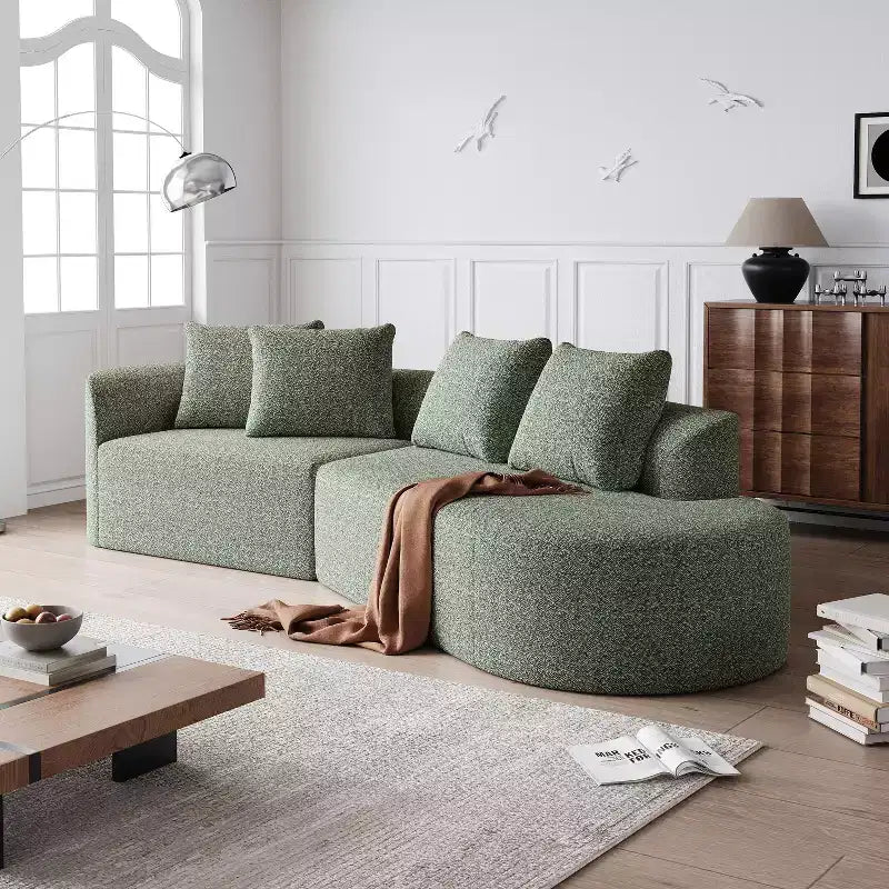 Divano a nuvola curvo da 112 pollici in ciniglia color cachi, 4 posti, seduta extra profonda e ampia, con 4 cuscini decorativi, divano componibile per soggiorno
