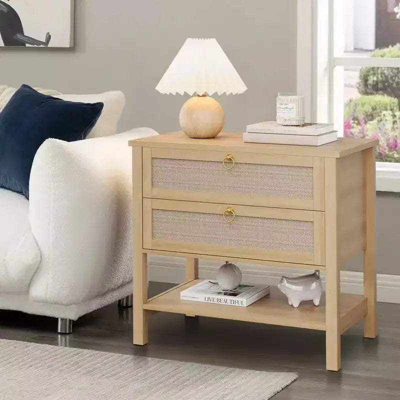 Comodini Set da 2, Tavolini da Comodino in Rattan con 2 Cassetti, Tavolino Laterale da Divano per Piccoli Spazi, Comodino Stretto, Tavolino d'Appoggio per Soggiorno
