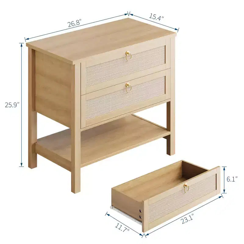 Comodini Set da 2, Tavolini da Comodino in Rattan con 2 Cassetti, Tavolino Laterale da Divano per Piccoli Spazi, Comodino Stretto, Tavolino d'Appoggio per Soggiorno