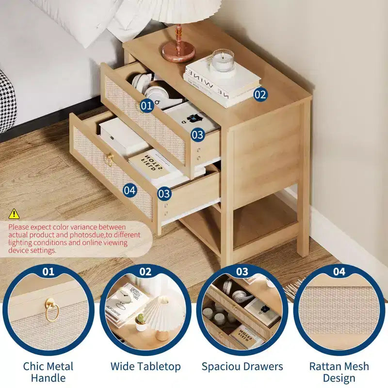 Comodini Set da 2, Tavolini da Comodino in Rattan con 2 Cassetti, Tavolino Laterale da Divano per Piccoli Spazi, Comodino Stretto, Tavolino d'Appoggio per Soggiorno