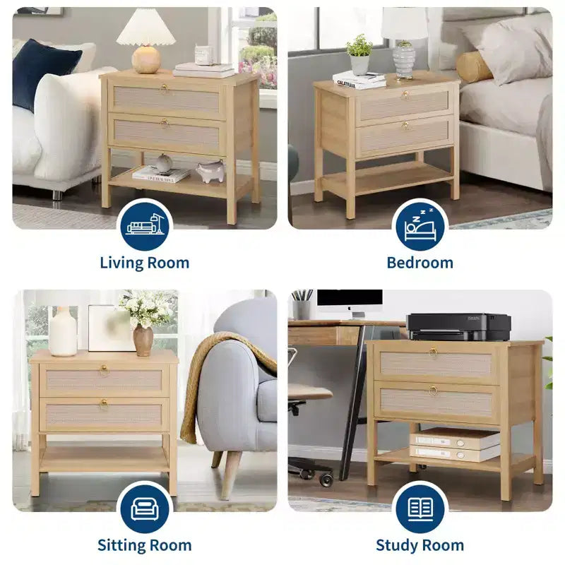 Comodini Set da 2, Tavolini da Comodino in Rattan con 2 Cassetti, Tavolino Laterale da Divano per Piccoli Spazi, Comodino Stretto, Tavolino d'Appoggio per Soggiorno
