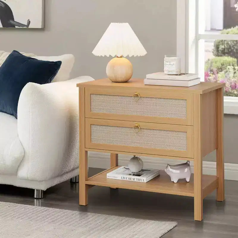 Comodini Set da 2, Tavolini da Comodino in Rattan con 2 Cassetti, Tavolino Laterale da Divano per Piccoli Spazi, Comodino Stretto, Tavolino d'Appoggio per Soggiorno
