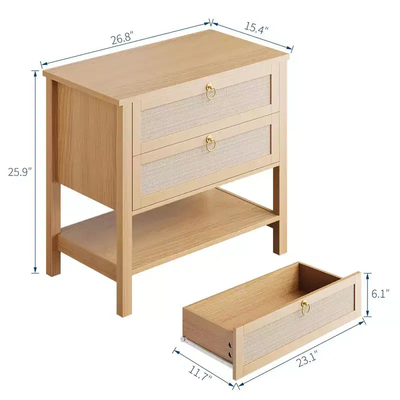 Comodini Set da 2, Tavolini da Comodino in Rattan con 2 Cassetti, Tavolino Laterale da Divano per Piccoli Spazi, Comodino Stretto, Tavolino d'Appoggio per Soggiorno