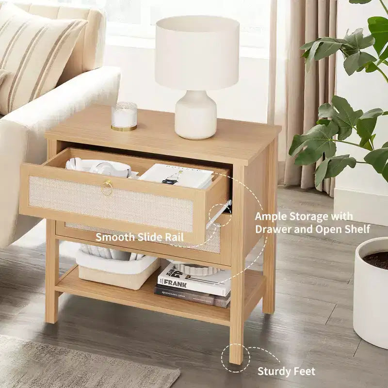 Comodini Set da 2, Tavolini da Comodino in Rattan con 2 Cassetti, Tavolino Laterale da Divano per Piccoli Spazi, Comodino Stretto, Tavolino d'Appoggio per Soggiorno
