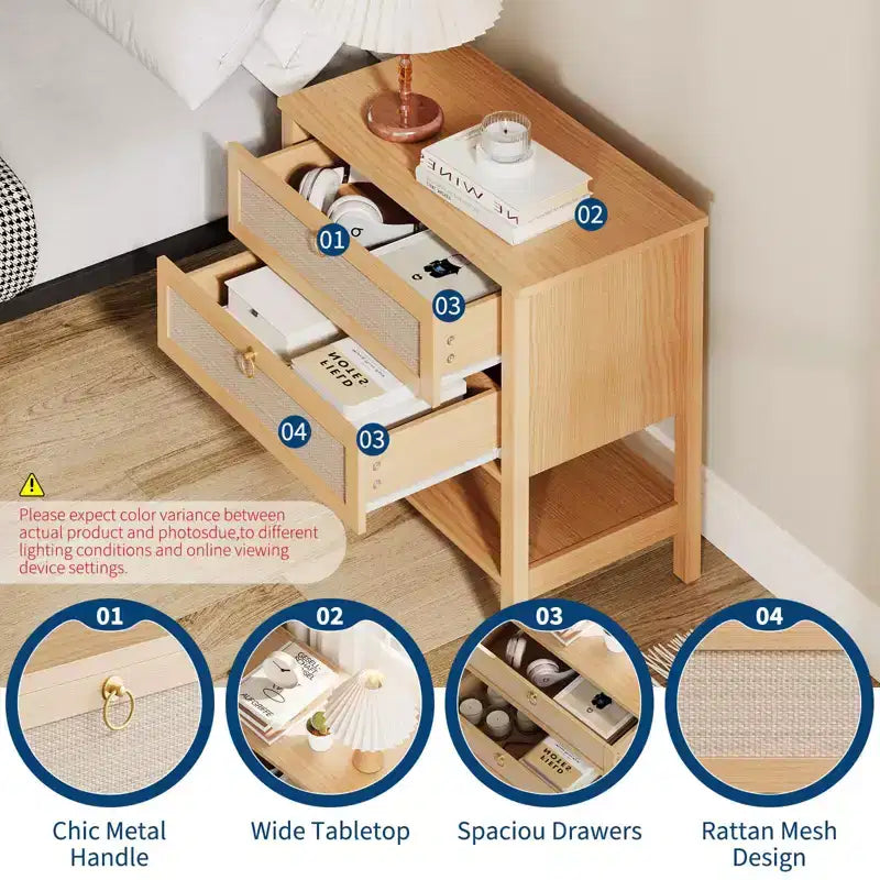 Comodini Set da 2, Tavolini da Comodino in Rattan con 2 Cassetti, Tavolino Laterale da Divano per Piccoli Spazi, Comodino Stretto, Tavolino d'Appoggio per Soggiorno