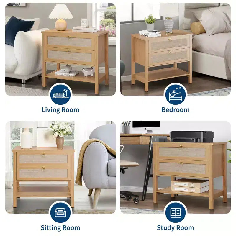 Comodini Set da 2, Tavolini da Comodino in Rattan con 2 Cassetti, Tavolino Laterale da Divano per Piccoli Spazi, Comodino Stretto, Tavolino d'Appoggio per Soggiorno