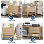 Comodini Set da 2, Tavolini da Comodino in Rattan con 2 Cassetti, Tavolino Laterale da Divano per Piccoli Spazi, Comodino Stretto, Tavolino d'Appoggio per Soggiorno