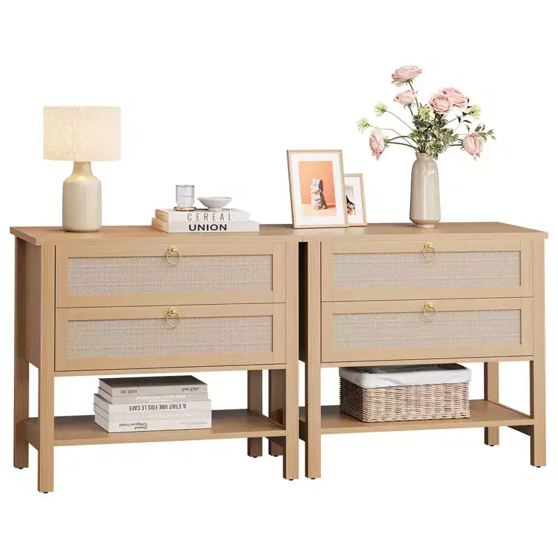 Nightstand Set of 2, Rattan Bedside Table with 2 Drawers, Sofa Side Table for Small Spaces, Narrow Bedside Table, Accent End Table for Living Room