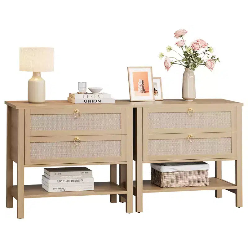 Comodini Set da 2, Tavolini da Comodino in Rattan con 2 Cassetti, Tavolino Laterale da Divano per Piccoli Spazi, Comodino Stretto, Tavolino d'Appoggio per Soggiorno