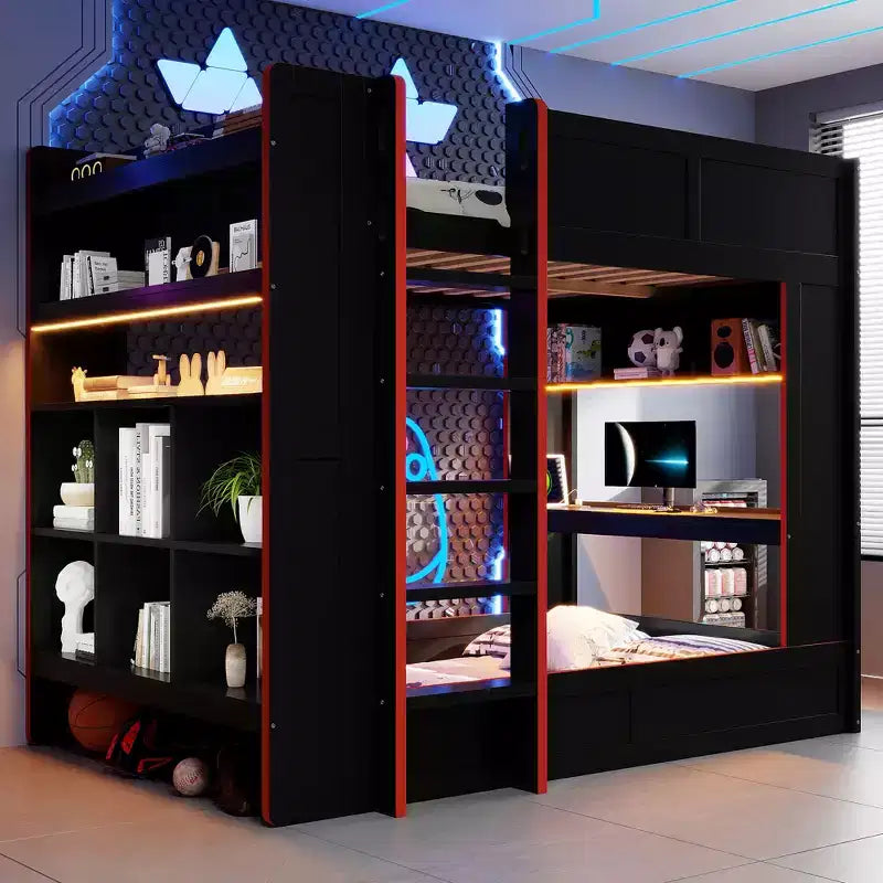 Full Size Wood Gaming Bunk Bed with Built-In Desk, Storage Shelves, 7-Color LED Lights & Charging Station, Black - ModernLuxe