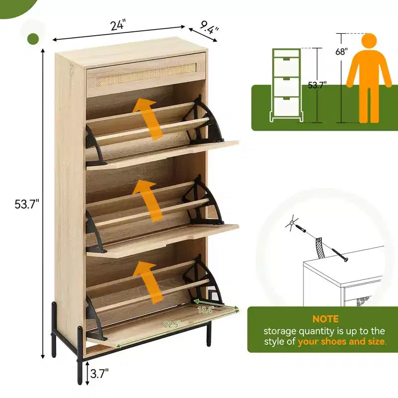 Scarpiera a 3 livelli con cassetti a ribalta Organizzatore stretto in rattan con gambe in metallo per l'ingresso
