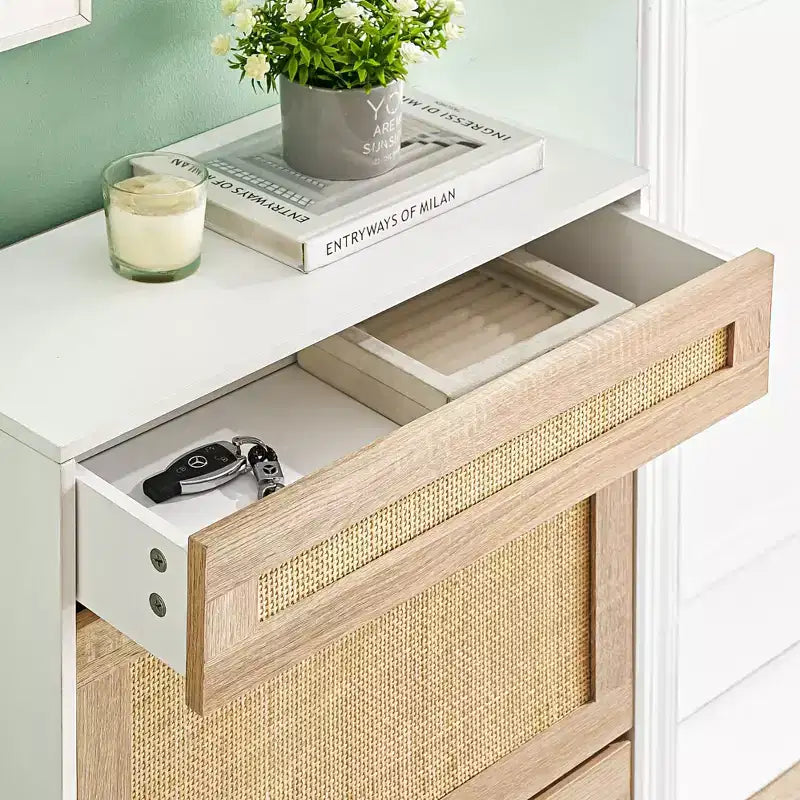 Scarpiera a 3 livelli con cassetti a ribalta Organizzatore stretto in rattan con gambe in metallo per l'ingresso