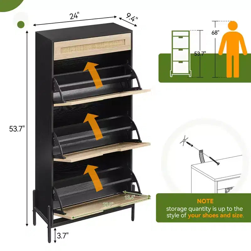 Scarpiera a 3 livelli con cassetti a ribalta Organizzatore stretto in rattan con gambe in metallo per l'ingresso