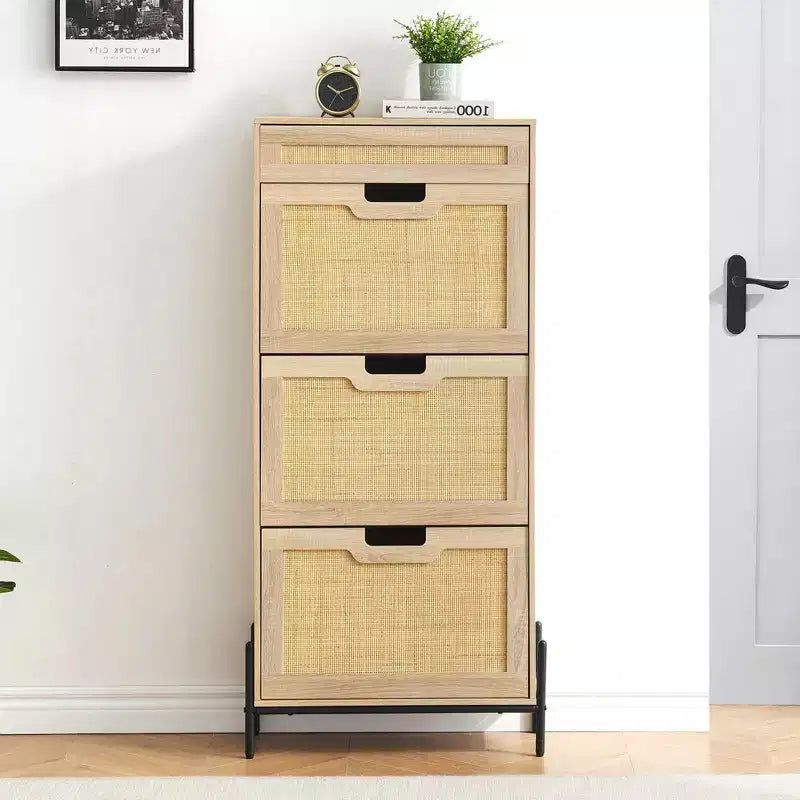 Scarpiera a 3 livelli con cassetti a ribalta Organizzatore stretto in rattan con gambe in metallo per l'ingresso