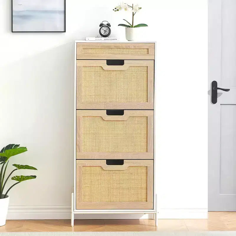 Scarpiera a 3 livelli con cassetti a ribalta Organizzatore stretto in rattan con gambe in metallo per l'ingresso