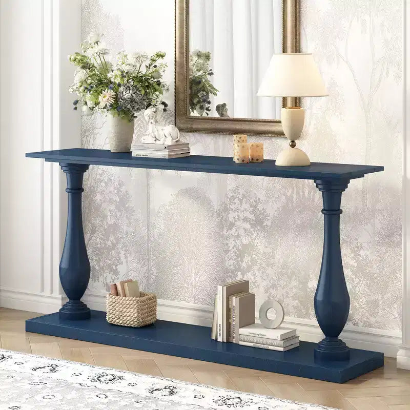 Okak 63IN Tavolo da Ingresso Vintage con Impiallacciatura in Pino, Consolle con Eleganti Gambe Affusolate e Ripiano Aperto, Tavolo da Corridoio per Soggiorno, Blu
