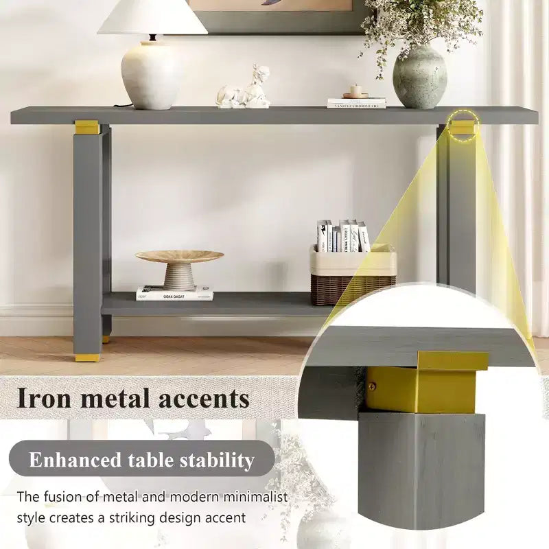 Okak 63IN Tavolino consolle moderno stretto, Tavolo d'ingresso con accenti in metallo e ripiano aperto, Tavolino d'appoggio per soggiorno, corridoio, Grigio