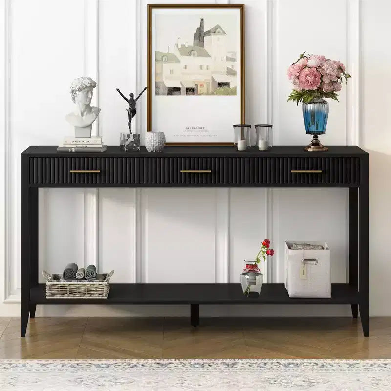 Okak 60IN Modern Narrow Console Table with Storage Shelf, Entry Table with 3 Drawers and Metal Handle, Accent Table for Living Room, Foyer, Black