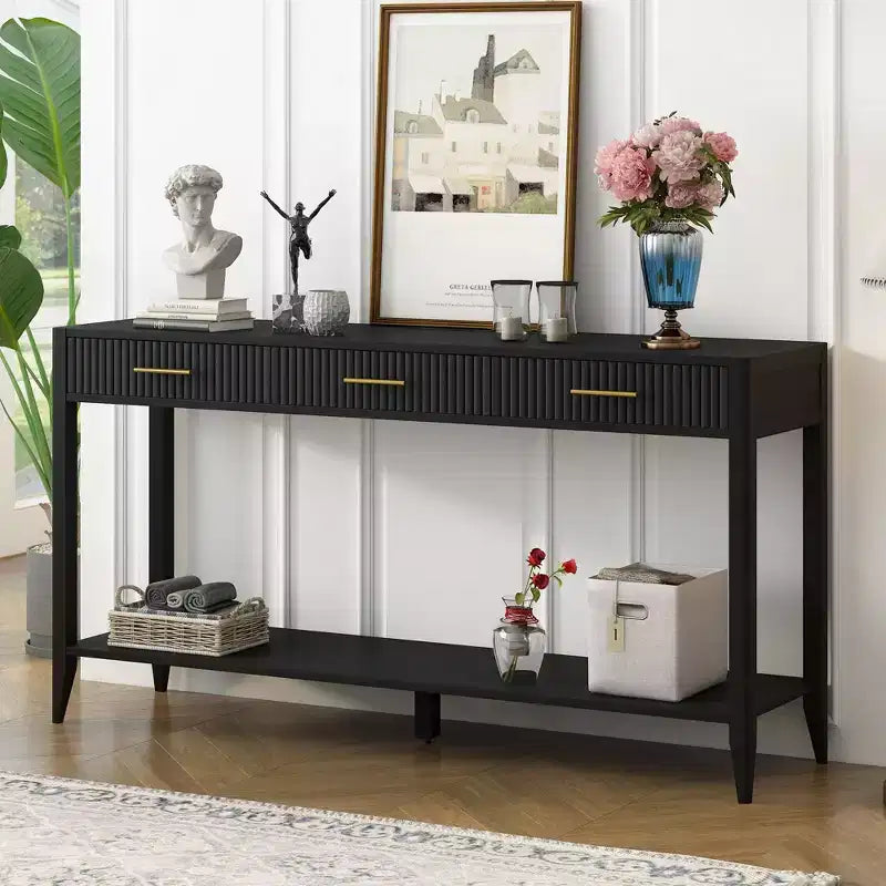 Okak 60IN Tavolino Consolle Moderno Stretto con Ripiano Portaoggetti, Tavolo da Ingresso con 3 Cassetti e Maniglia in Metallo, Tavolo d'Appoggio per Soggiorno, Ingresso, Nero