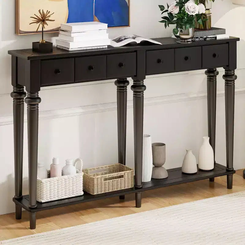 Okak Tavolo da Ingresso Retro 59.8IN con 4 Cassetti, Consolle Stretta con Ripiani Aperti, Tavolo da Corridoio per Soggiorno, Ingresso, Nero
