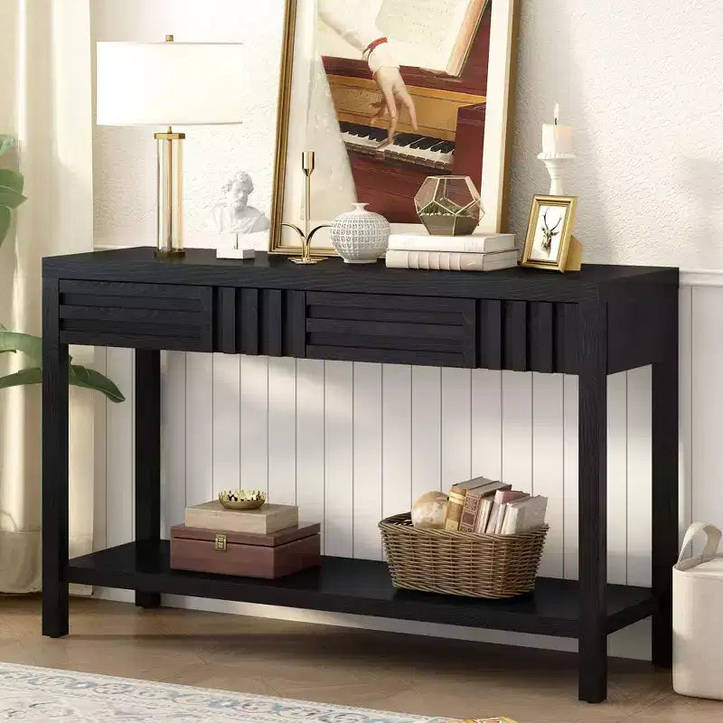 Okak 51.3IN Tavolo Consolle Moderno con Impiallacciatura in Frassino e Design a Strisce, Tavolo da Ingresso con 2 Cassetti, Tavolo da Corridoio per Soggiorno, Ingresso, Nero