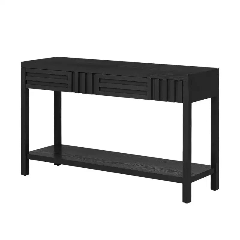 Okak 51.3IN Tavolo Consolle Moderno con Impiallacciatura in Frassino e Design a Strisce, Tavolo da Ingresso con 2 Cassetti, Tavolo da Corridoio per Soggiorno, Ingresso, Nero