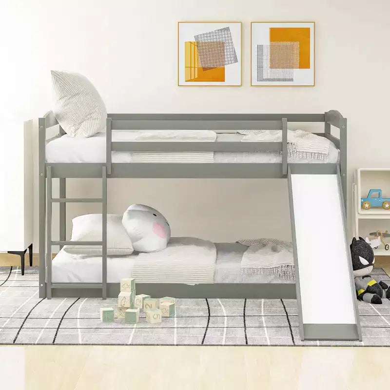 Okak 79.3IN Letto a Castello Doppio con Scaletta, Letti a Castello per Bambini con Scivolo e Sponde di Sicurezza, Struttura Letto per Camera Bambini, Sala Giochi, Grigio