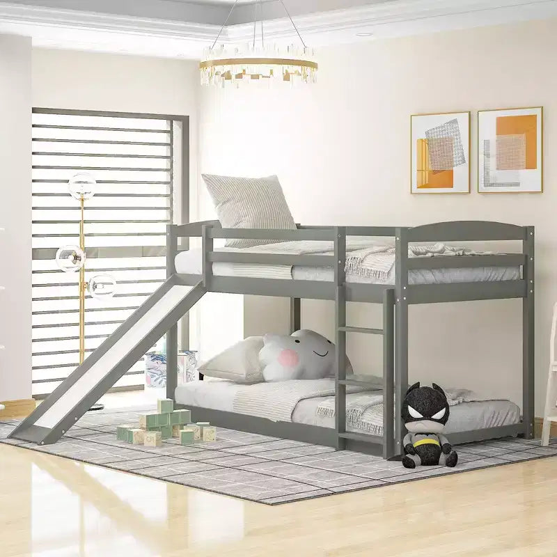 Okak 79.3IN Letto a Castello Doppio con Scaletta, Letti a Castello per Bambini con Scivolo e Sponde di Sicurezza, Struttura Letto per Camera Bambini, Sala Giochi, Grigio