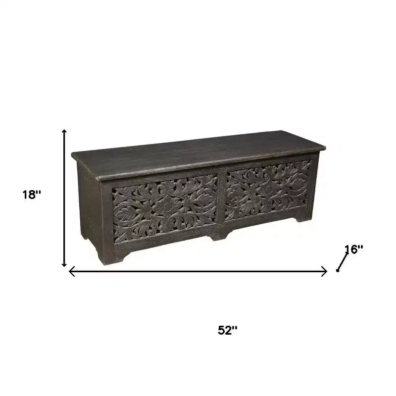 HomeRoots 52 Ottomana Contenitore con Intagli Floreali in Legno Massello Nero Effetto Invecchiato