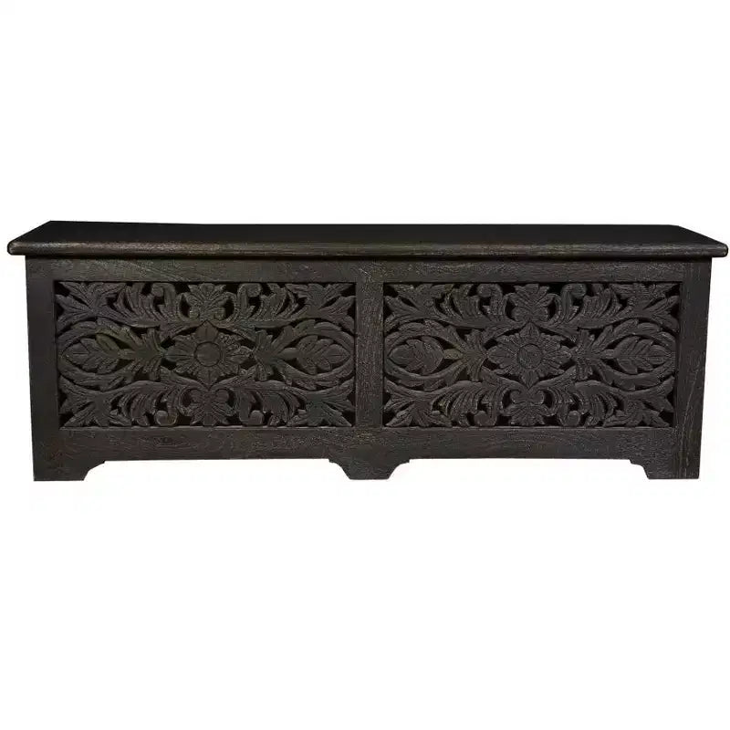 HomeRoots 52 Ottomana Contenitore con Intagli Floreali in Legno Massello Nero Effetto Invecchiato