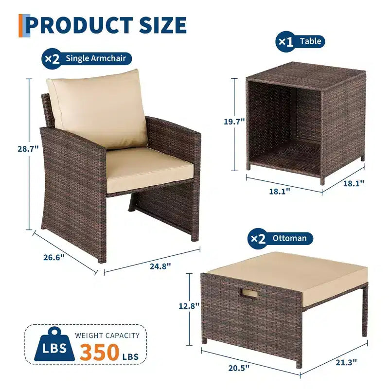 Set conversazione da esterni a 5 pezzi con schienale alto, 2 pouf e tavolo, sedie lounge in rattan PE resistente alle intemperie con morbidi cuscini, perfette per balcone, portico