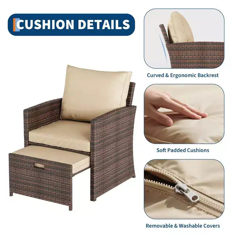 Set conversazione da esterni a 5 pezzi con schienale alto, 2 pouf e tavolo, sedie lounge in rattan PE resistente alle intemperie con morbidi cuscini, perfette per balcone, portico
