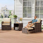 Set conversazione da esterni a 5 pezzi con schienale alto, 2 pouf e tavolo, sedie lounge in rattan PE resistente alle intemperie con morbidi cuscini, perfette per balcone, portico