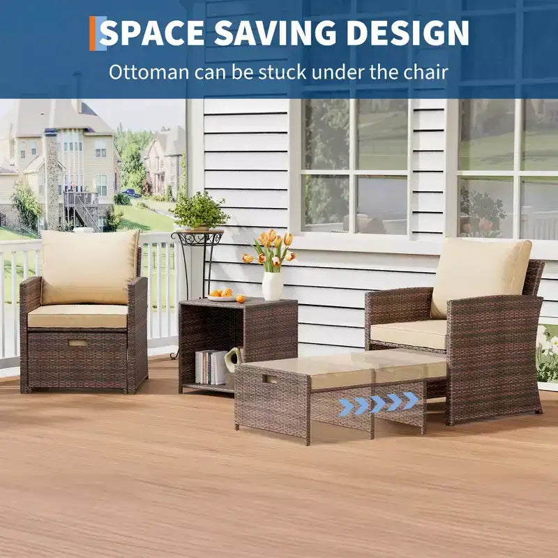 Set conversazione da esterni a 5 pezzi con schienale alto, 2 pouf e tavolo, sedie lounge in rattan PE resistente alle intemperie con morbidi cuscini, perfette per balcone, portico