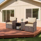 Set conversazione da esterni a 5 pezzi con schienale alto, 2 pouf e tavolo, sedie lounge in rattan PE resistente alle intemperie con morbidi cuscini, perfette per balcone, portico