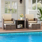 Set conversazione da esterni a 5 pezzi con schienale alto, 2 pouf e tavolo, sedie lounge in rattan PE resistente alle intemperie con morbidi cuscini, perfette per balcone, portico