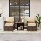 Set conversazione da esterni a 5 pezzi con schienale alto, 2 pouf e tavolo, sedie lounge in rattan PE resistente alle intemperie con morbidi cuscini, perfette per balcone, portico