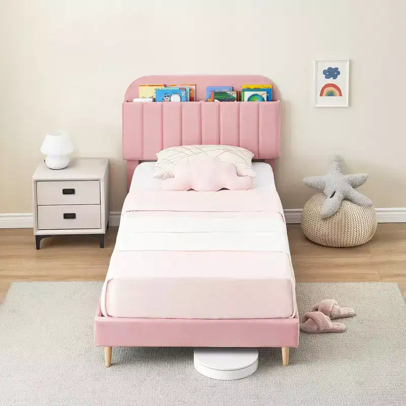 Struttura letto a piattaforma in velluto imbottita a una piazza con testiera portaoggetti, doghe in legno durevoli, design silenzioso, facile montaggio, nessuna necessità di rete a molle