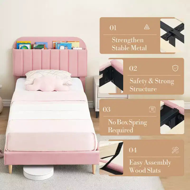 Struttura letto a piattaforma in velluto imbottita a una piazza con testiera portaoggetti, doghe in legno durevoli, design silenzioso, facile montaggio, nessuna necessità di rete a molle