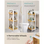 Carrello a rotelle a 3 ripiani in bambù con mensola regolabile, organizer sottile da 30x80 cm per cucina e bagno, bianco e naturale