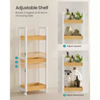Carrello a rotelle a 3 ripiani in bambù con mensola regolabile, organizer sottile da 30x80 cm per cucina e bagno, bianco e naturale