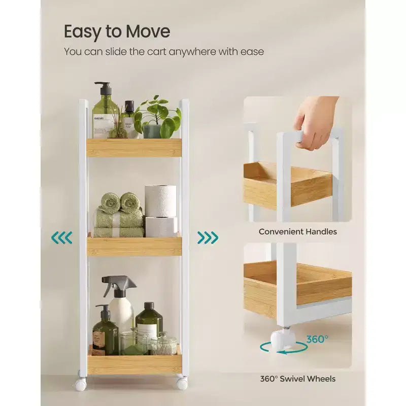 Carrello a rotelle a 3 ripiani in bambù con mensola regolabile, organizer sottile da 30x80 cm per cucina e bagno, bianco e naturale