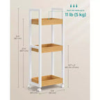 Carrello a rotelle a 3 ripiani in bambù con mensola regolabile, organizer sottile da 30x80 cm per cucina e bagno, bianco e naturale