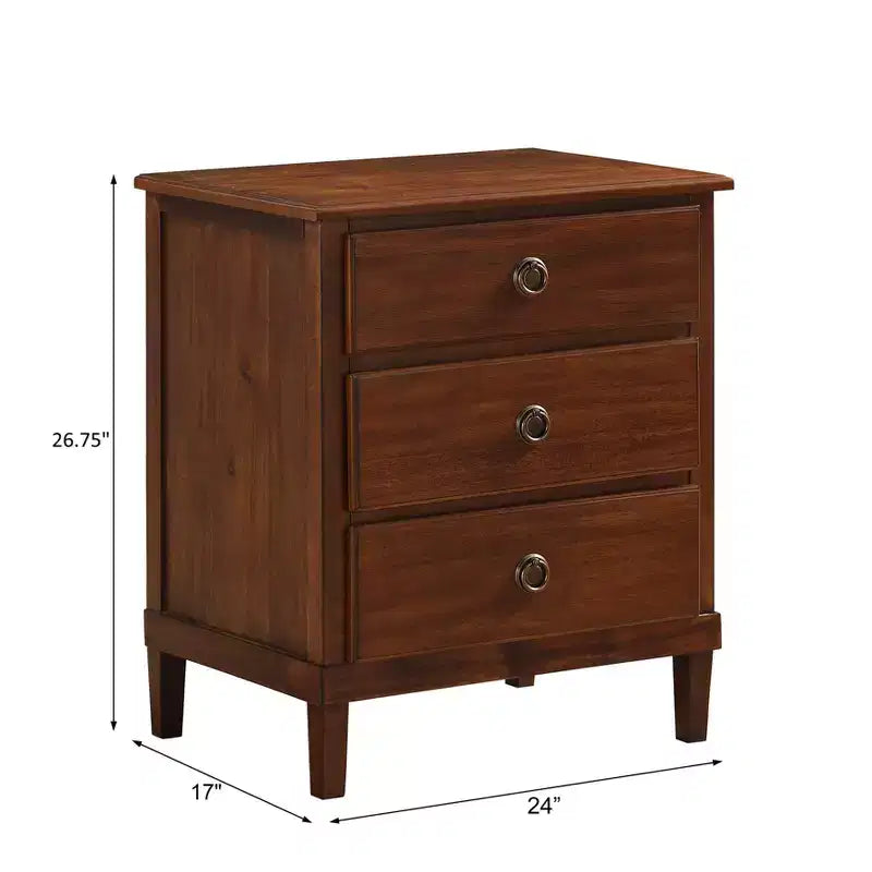 GDFStudio Giulia Rustico Comodino a 3 Cassetti in Legno di Acacia da 24 pollici