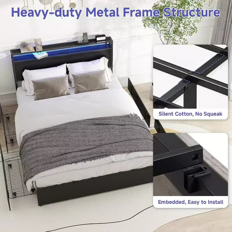 Zevemomo Letto Matrimoniale con 4 Cassetti Contenitore, Struttura Letto Matrimoniale con Testiera, LED, Robusto Supporto a Doghe in Metallo, Senza Rumore, Nero