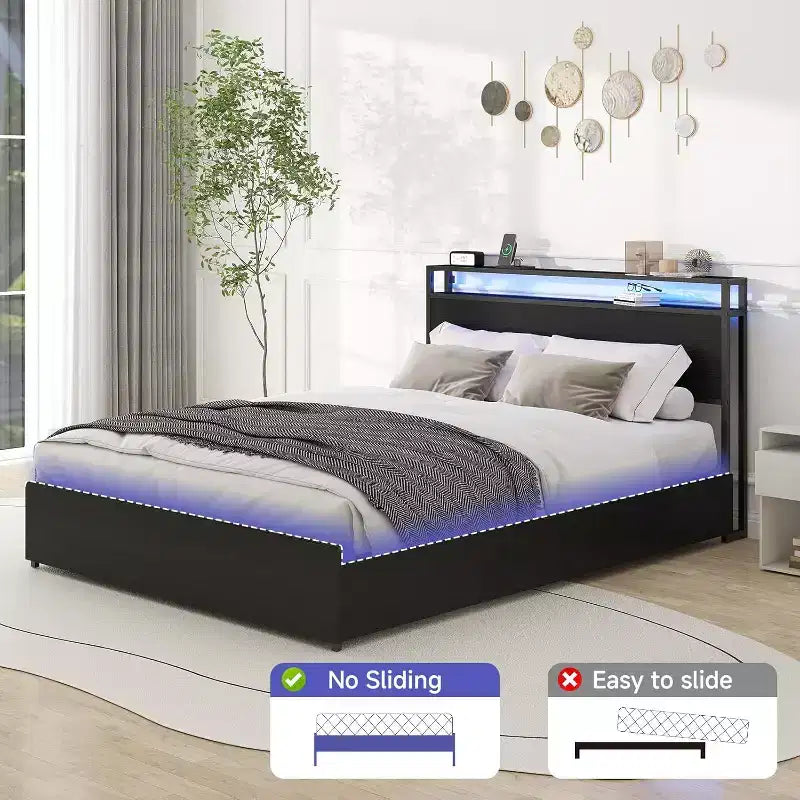 Zevemomo Letto Matrimoniale con 4 Cassetti Contenitore, Struttura Letto Matrimoniale con Testiera, LED, Robusto Supporto a Doghe in Metallo, Senza Rumore, Nero