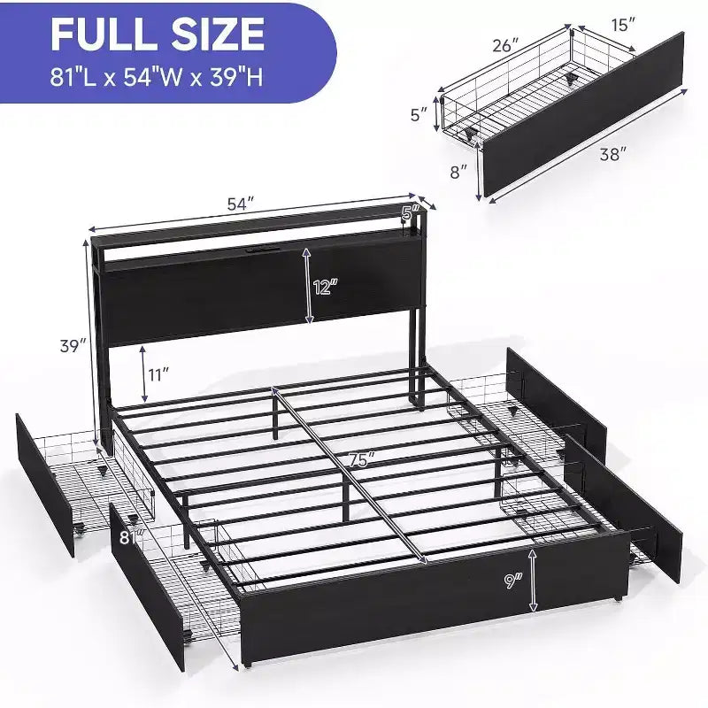 Zevemomo Letto Matrimoniale con 4 Cassetti Contenitore, Struttura Letto Matrimoniale con Testiera, LED, Robusto Supporto a Doghe in Metallo, Senza Rumore, Nero
