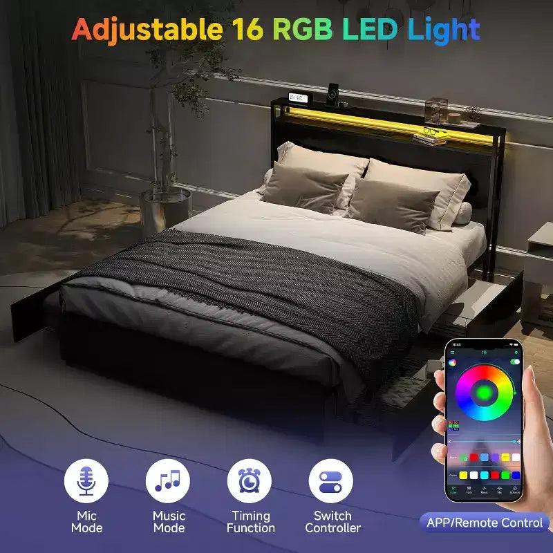 Zevemomo Letto Matrimoniale con 4 Cassetti Contenitore, Struttura Letto Matrimoniale con Testiera, LED, Robusto Supporto a Doghe in Metallo, Senza Rumore, Nero